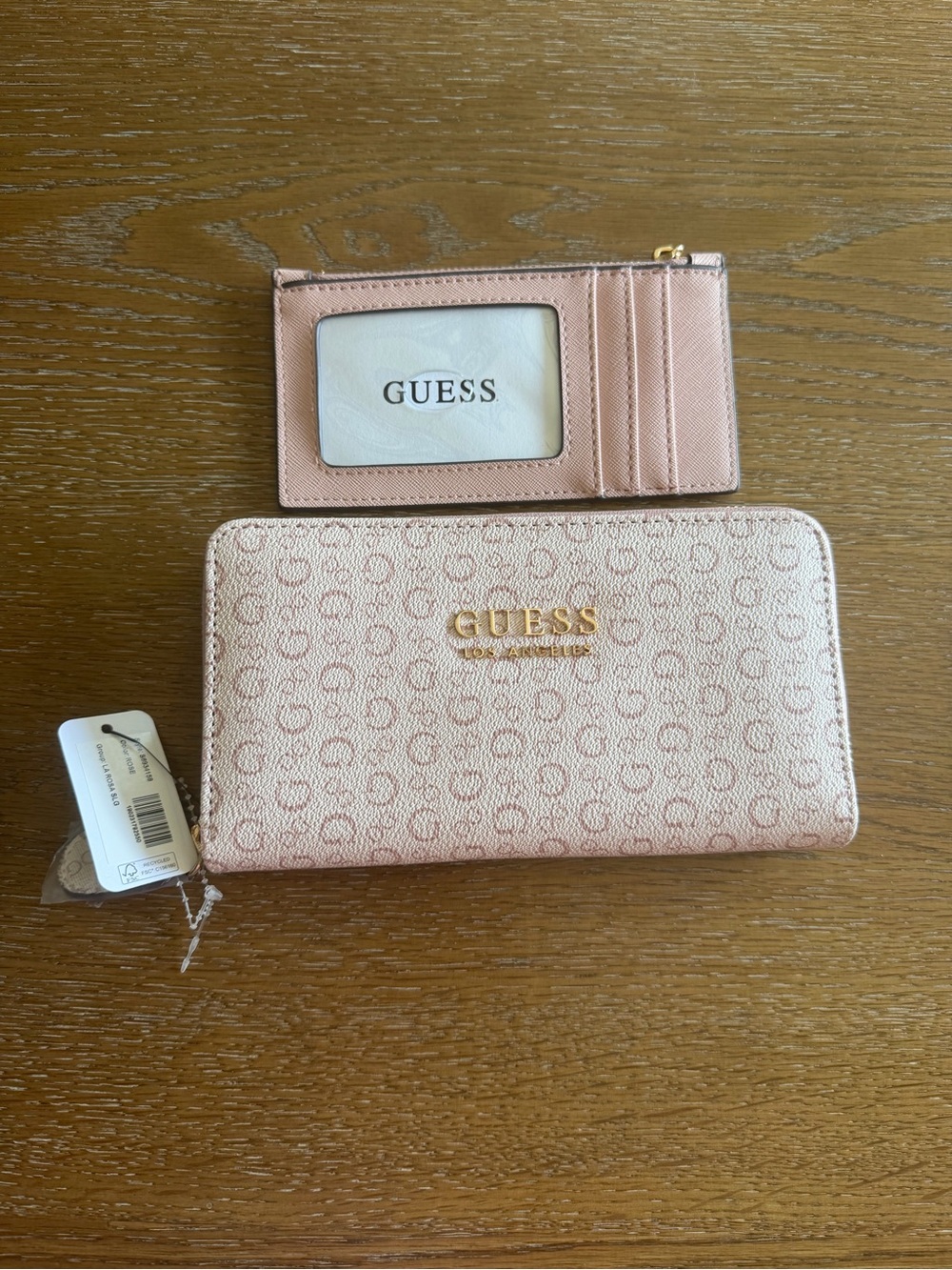NWT GUESS gold  Logo Zip Wallet with Matching Card Holder Set color-rose